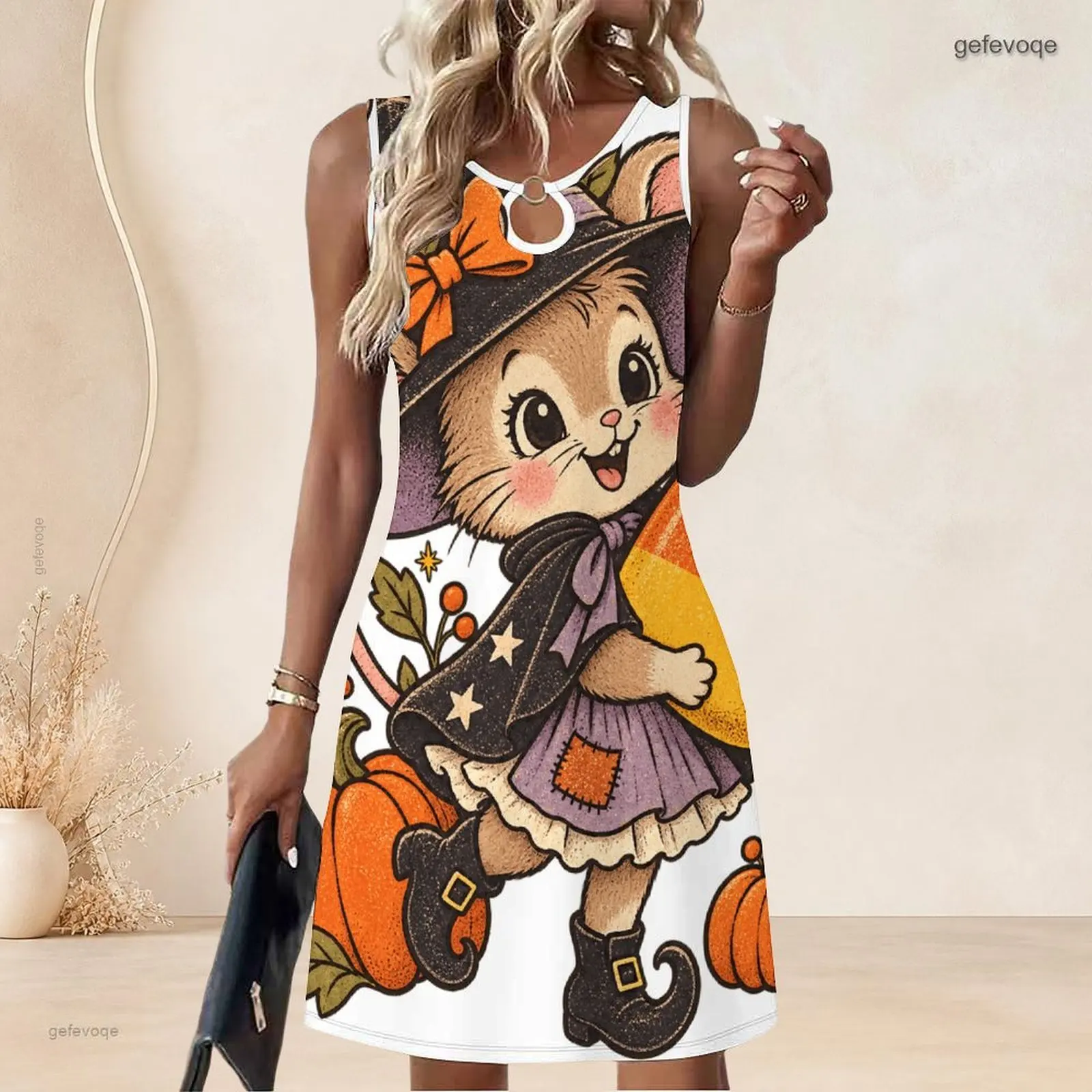 Women Sleeveless A Line Mini Dress O Ring Keyhole Neckline Loose Swing Short Dress Custom Print Ladies Casual Daily Dress