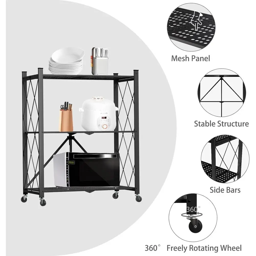 رف فولاذي قابل للطي من 3 طبقات على عجلات، سعة 550 رطلاً، رف تخزين عالي التحمل للمرآب والمطبخ والمخزن والمكتب، أسود