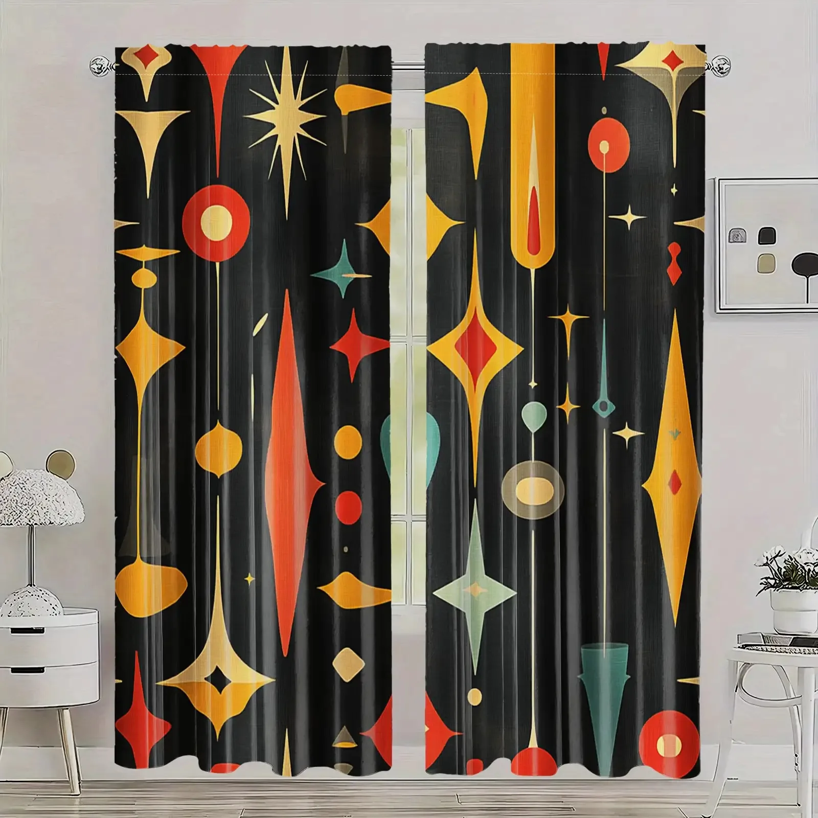 Vorhänge mit geometrischem Muster, schwarze abstrakte Fenstervorhänge, moderne, schicke Kunstpaneele, Heimdekoration, Vorhänge im Wohnzimmer-Stil