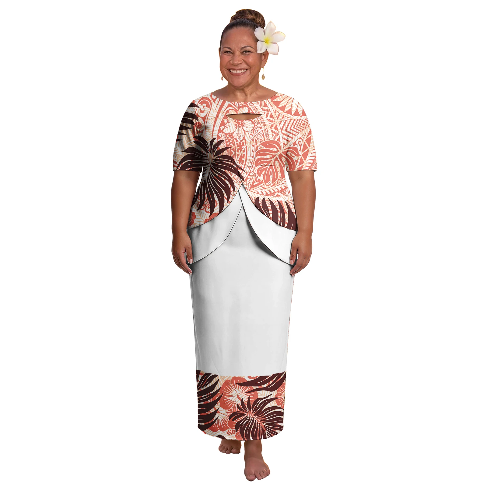 Custom Design Samoan Puletasi for Ladies Hawaiian Style Print Custom Women Puletasi Dresses Polynesian Cutout Neck 2 Piece Set