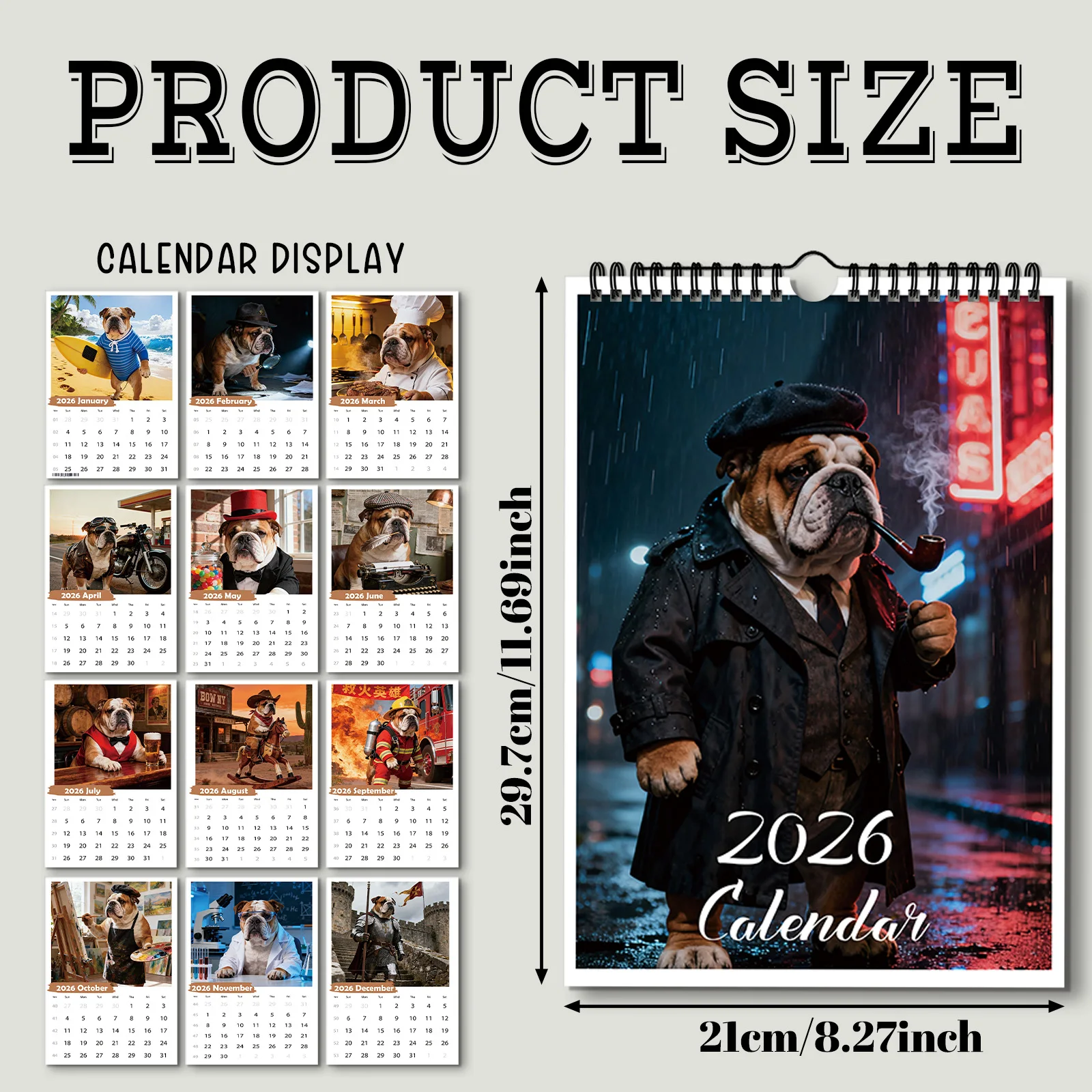 1PC 2026 탐정 스타일 불독 달력, 장식용으로 적합하며 복고풍 스타일 애호가에게 이상적이며 창의적인 선물이 됩니다.