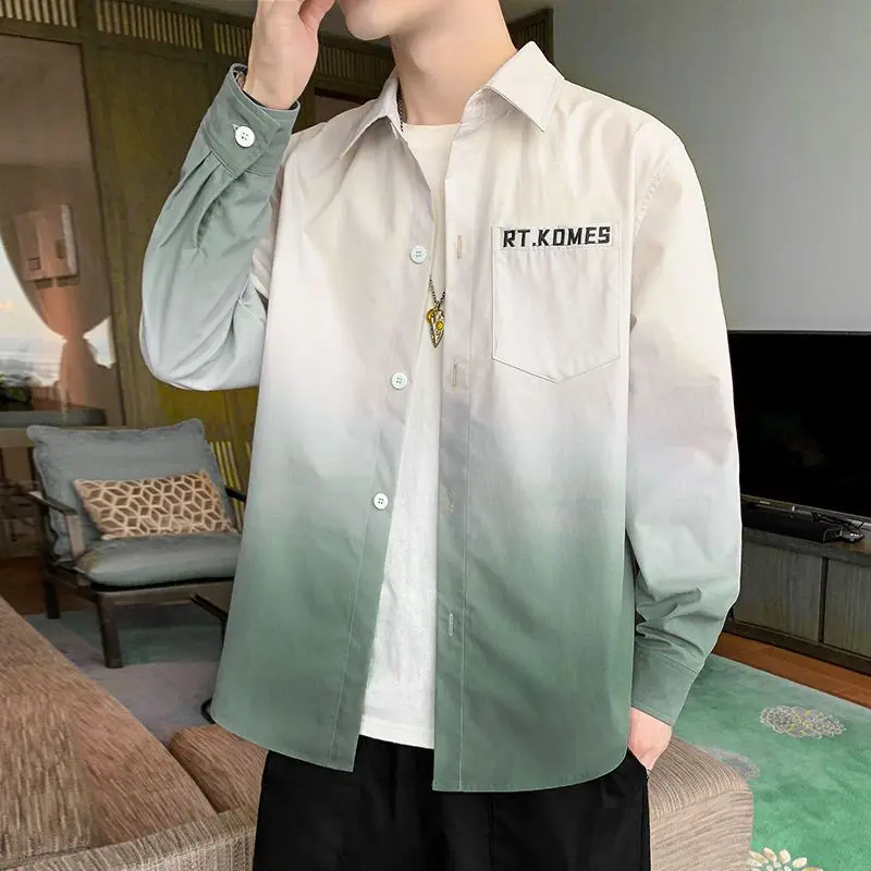 Shirts for Men Graphic Green Gradient Color Man Shirt Long Sleeve with Pocket Korean Style I Tops Summer Social Elegant Xxl Sale