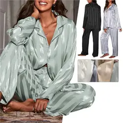 Women's Summer Striped Pajama Set Long Sleeve Top Trousers Silk Satin Home Suit Spring Loose Casual Sleepwear Female Nightwear