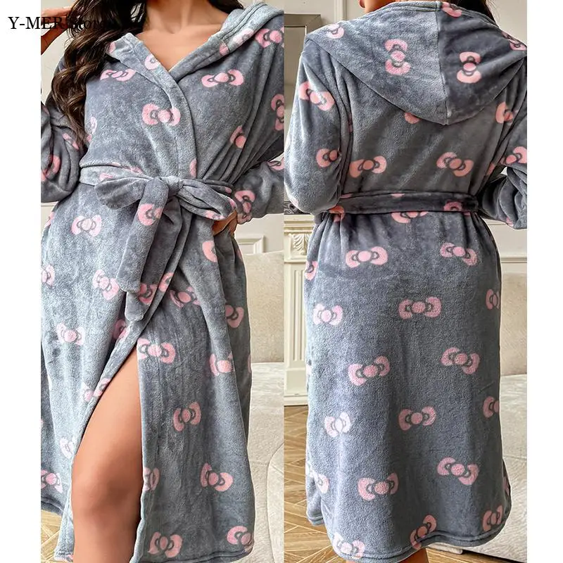 

2025 Autumn New Winter Women's Long Plush Robe Print Home Clothes Hooded Bathrobe Butterfly Knot Sleepwear Soft Nightwear