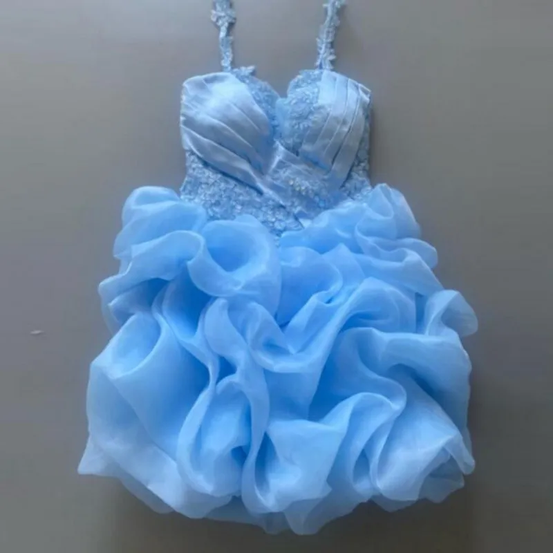 

Sky Blue Transparent Dress Woman Applique robe de soiree Bead Prom Gowns Layered Organza Fashion Dresses Tulle Spaghetti Chic