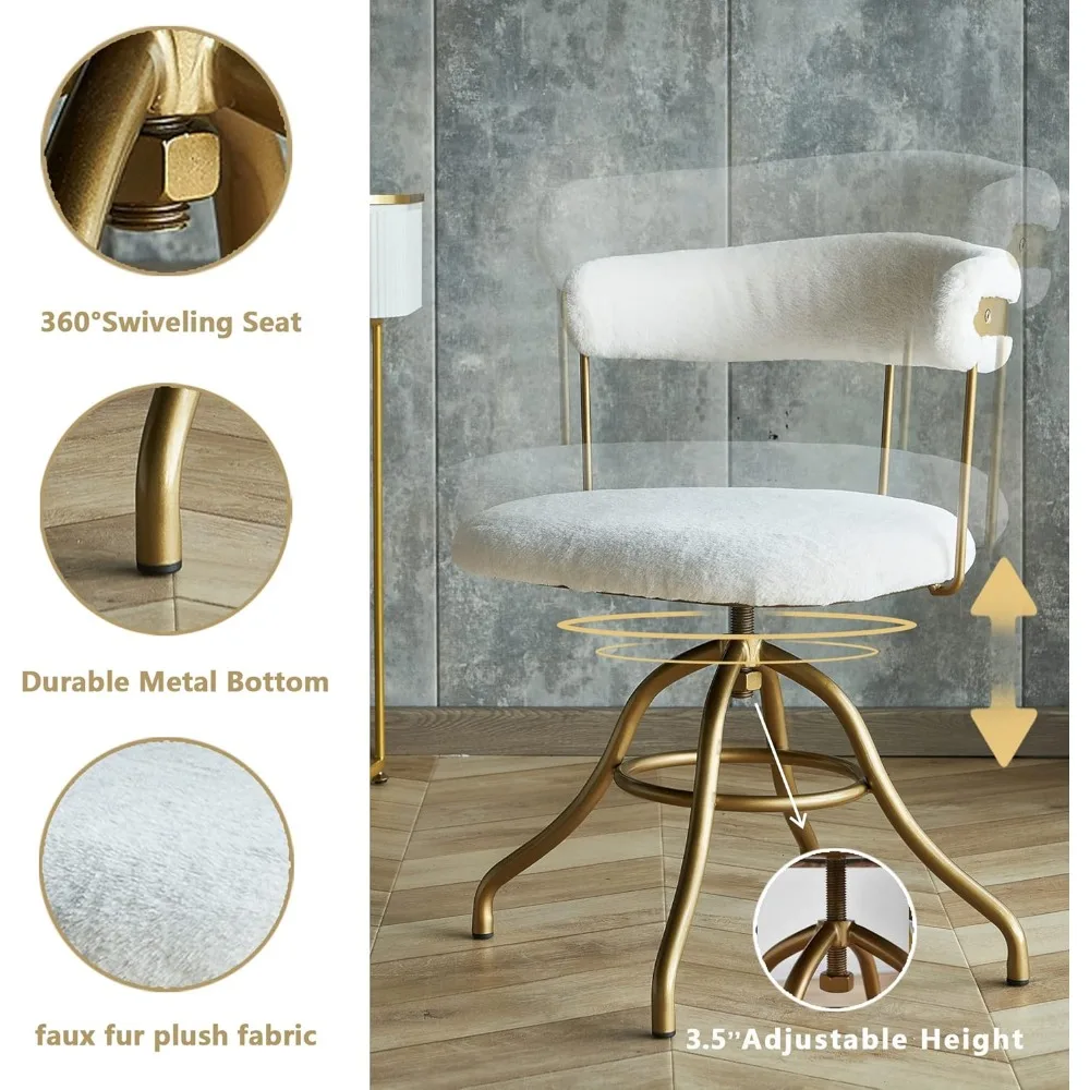 Silla de escritorio clásica, asiento de tocador elegante, silla decorativa de piel sintética de felpa, silla tapizada giratoria versátil en blanco para dormitorios