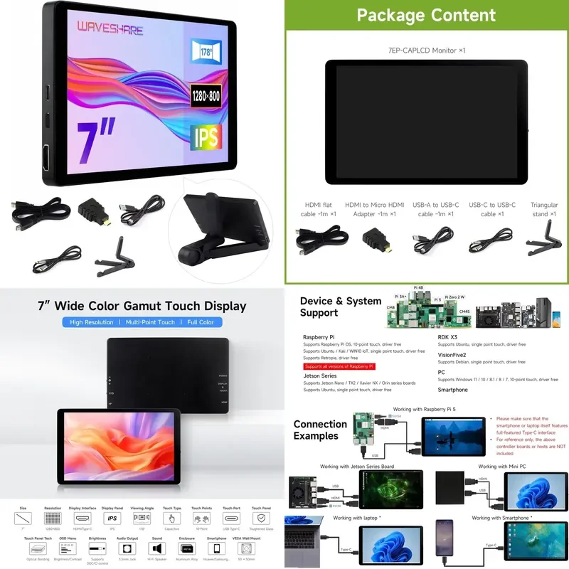 for Aismartlink Waveshare 7 Inch 1280x800 Capacitive Touch Display for Raspberry Pi 5 3B Zero 2W Pico High Resolution IPS