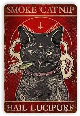 1p,Retro New Metal Tin Sign Smoke Catnip Hail Lucipurr Aluminum for Restroom Bar Pub Club Cafe Home Restaurant 8x12 Inches