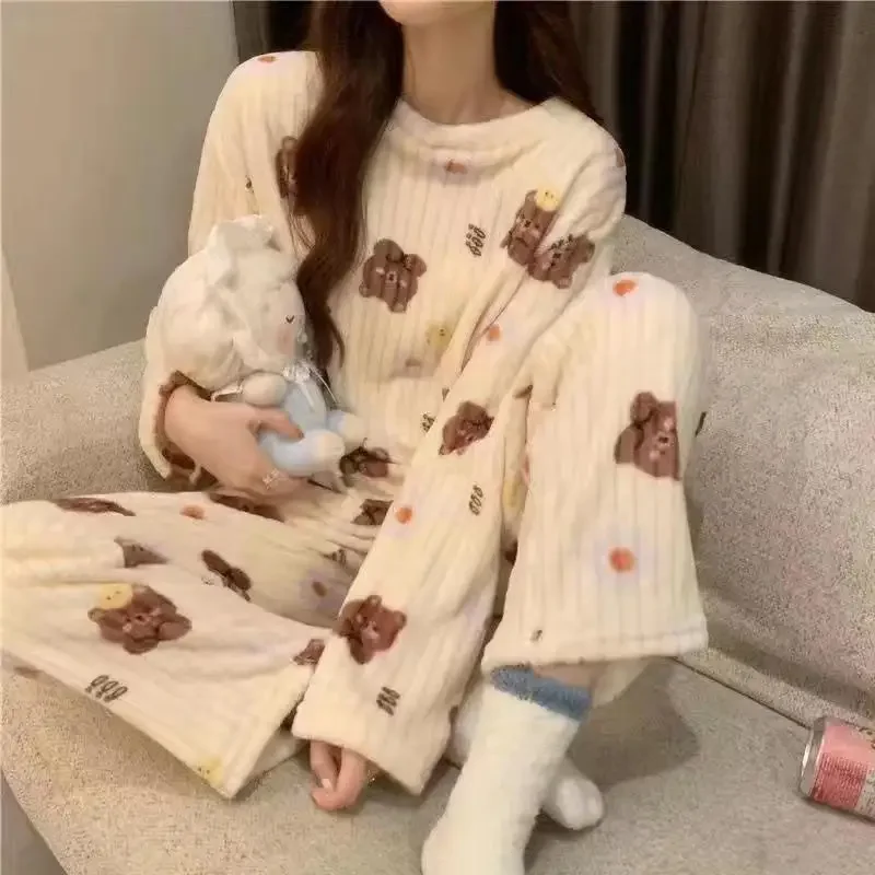 New Autumn Winter Women\'s Pajamas Thickened Flannel Loungewear Two-piece Pajama Coral Velvet Warm Homewear Casual Clothing Suit