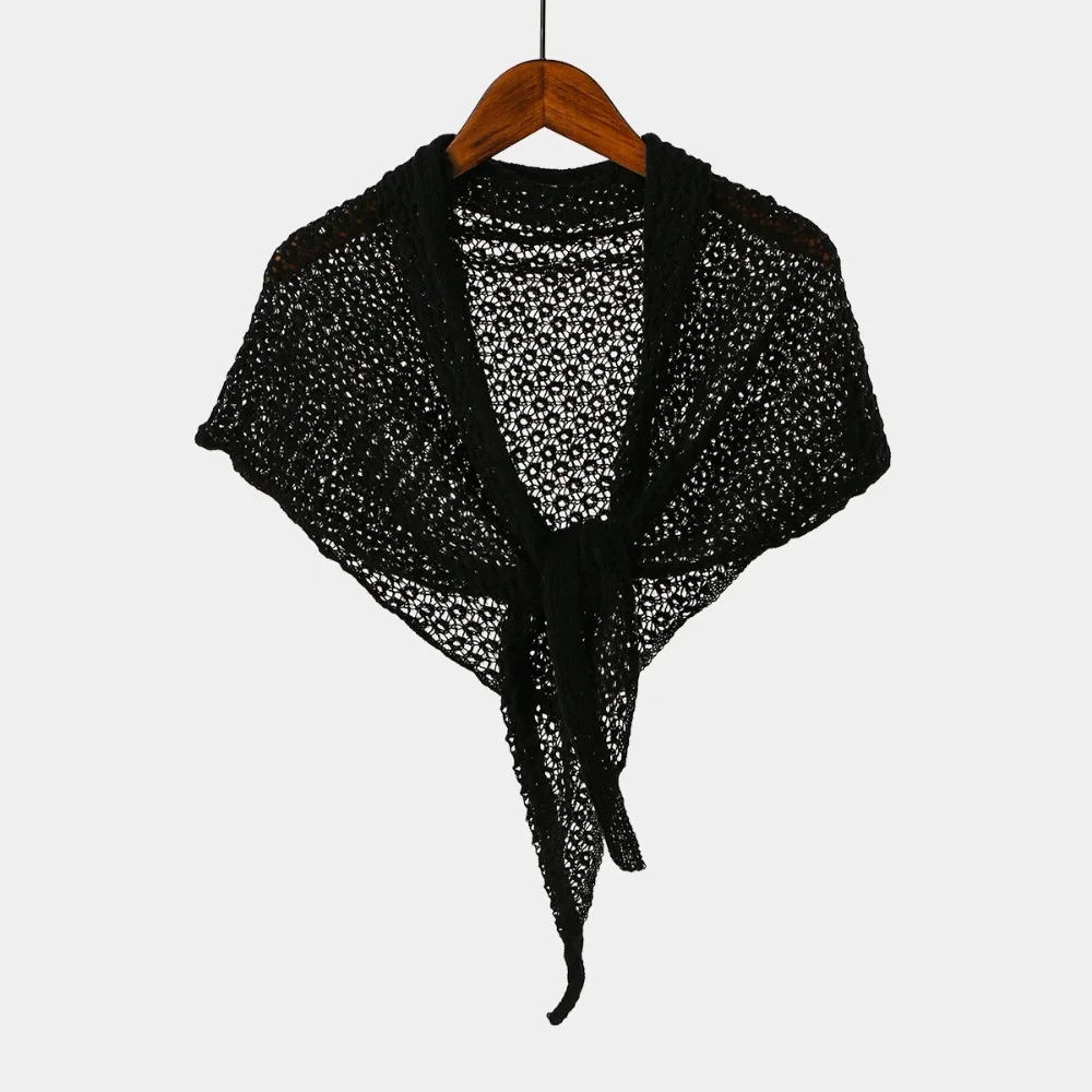 Fashion Hollow Out Knitted Shawl Solid Color Thin Knit Triangle Wrap Breathable Triangular Shape Shoulder Shawl Four Seasons