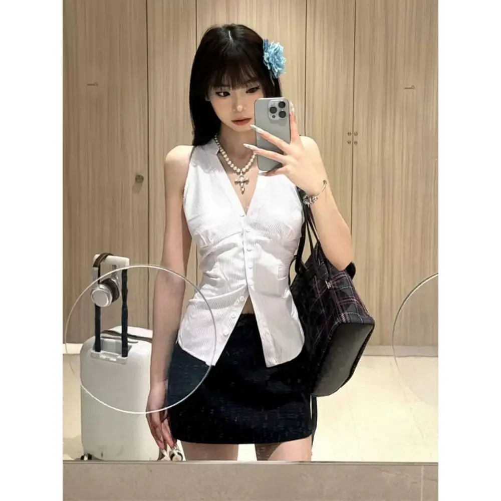 

French Sleeveless Halter Neck Striped Shirt Women's Summer Thin Shirt Pure Desire Style Beautiful Waist Top