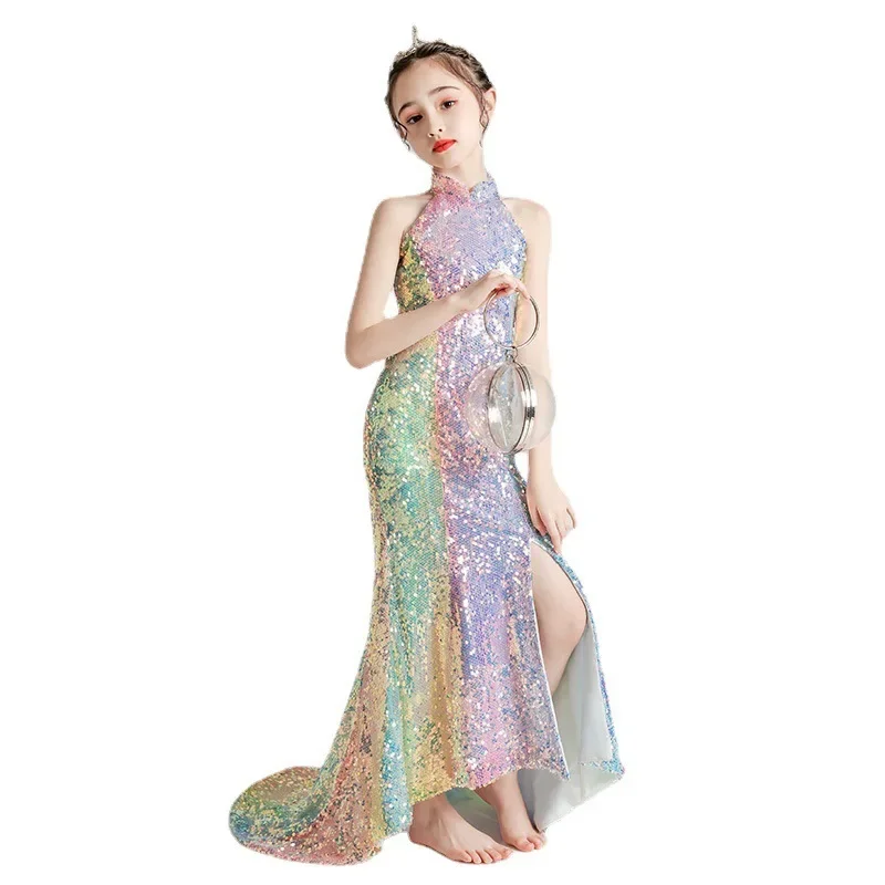 Sparkle Evening Graduation Performance Dress Kids Teen Birthday Party Gown Floor-length Tail Dress Girls Sequin Long Prom Dress