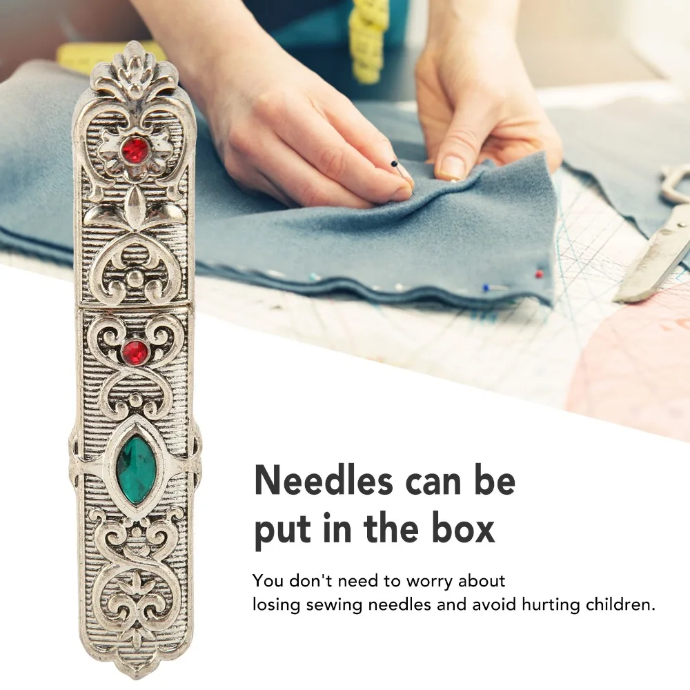 Rhinestone Embellished Needle Storage Case Antique Silver Finish Wooden Material Needle Holder Tube Compact Size Carved Pattern