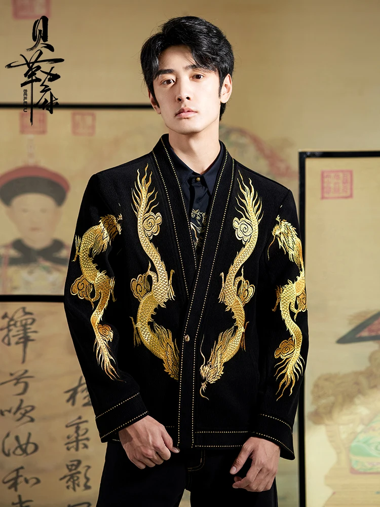 Chinese Style Embroidery Golden Dragon Dress Jacket Men Silm Fit Prtformance Party Banquet Outwear