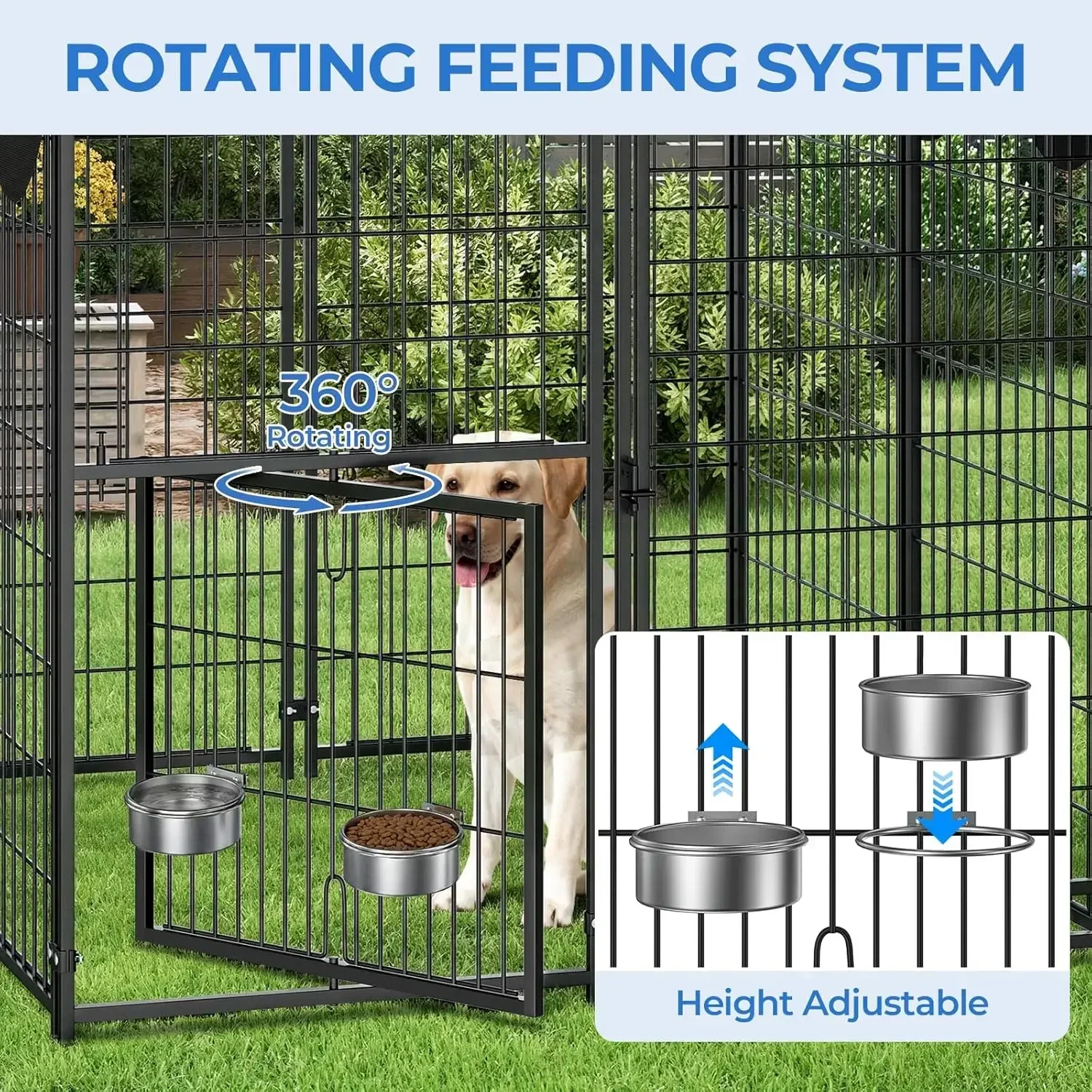 4x4.2x4.5ft Outdoor Dog Kennel, Metal Heavy Duty Dog Run with Rotating Door & 2 Adjustable Bowls, Dog Kennel Outside with Waterp
