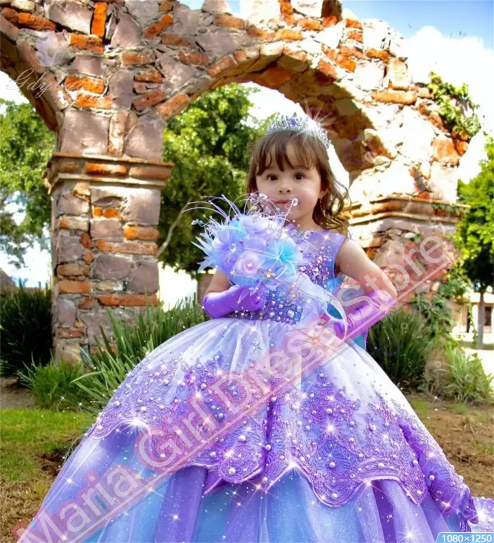 New Flower Girl Dresses Lavender Appliqué Fluffy Bow Kids Birthday Beauty Pageant Party Girl' Pageant Dress