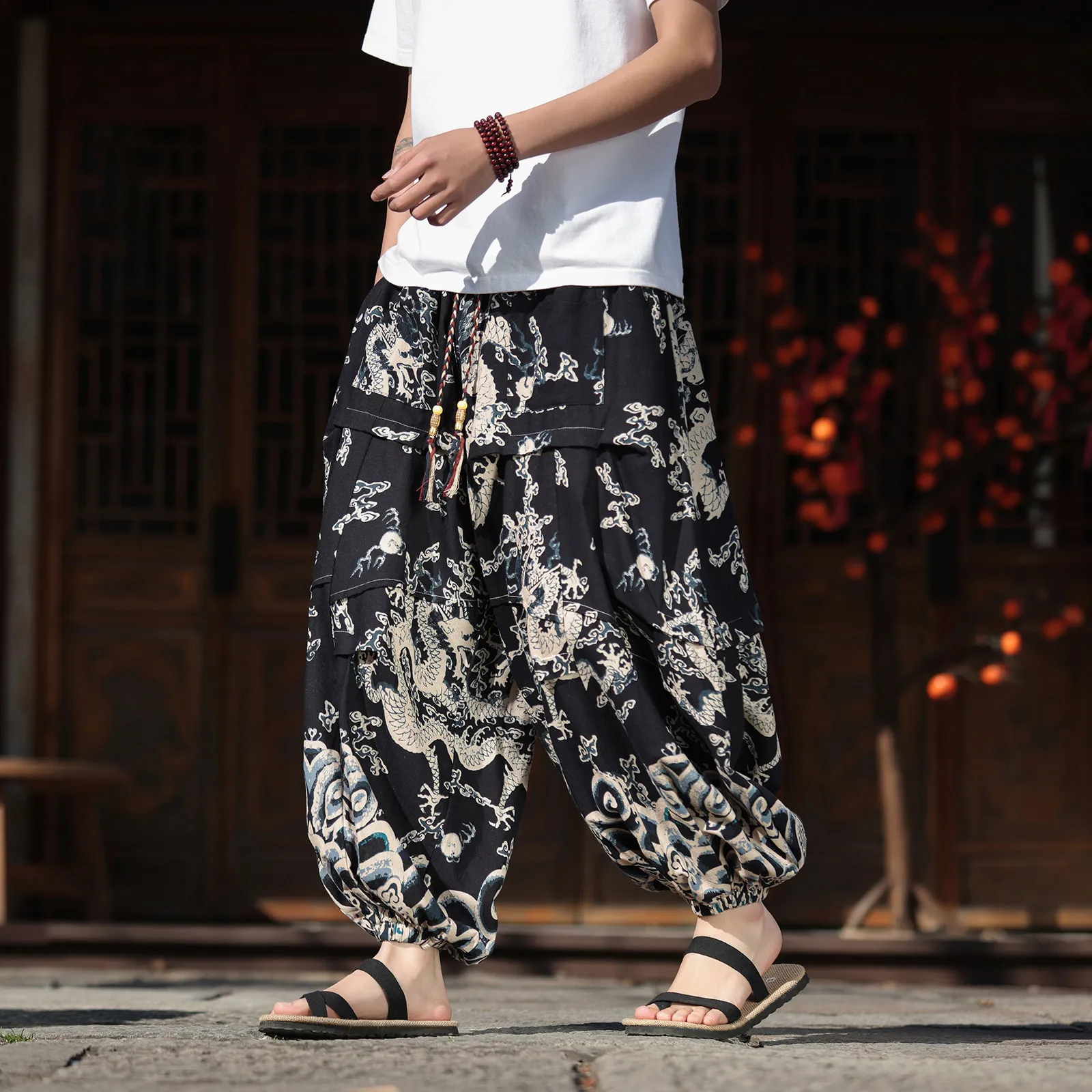 Spring Summer Men Cotton Drapey Pants Men Dragon Print Loose Casual Wide Leg Pants Male Vintage Lightweight Lantern Trousers