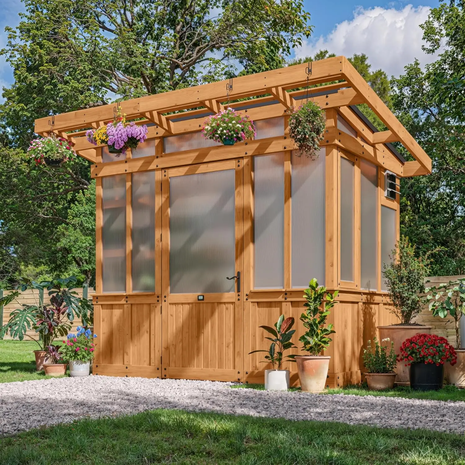 Poppy 9' x 6' Cedar Wood and Polycarbonate Walk-in Greenhouse Kit with Exhaust Fan, Windows, Hose Hook-Ups, PowerPort, Staging S