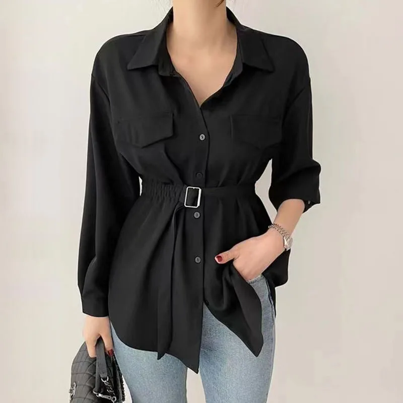 

2022 Spring Women Blouses Shirts Tops Ladies Long Sleeve Ruched Solid Color Blouse for Office Work Ladies Vintage Elegant Female