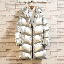 YASUGUOJI New 2022 Fashion Bright Silver Winter Man Jacket Thick Cotton Padded Mens Jackets and Coats Hooded Warm Long Parka Men