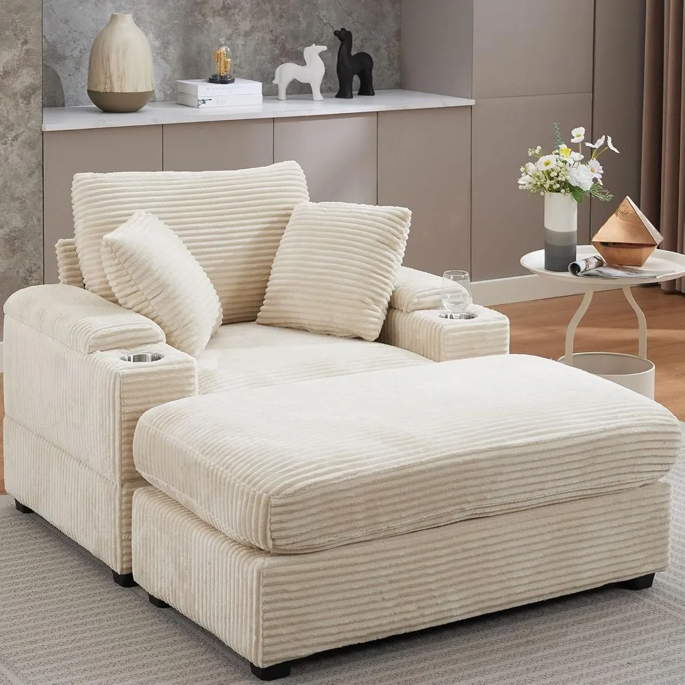 

Oversized Corduroy Chaise Lounge Chair Indoor with Storage and Ottoman, Sleeper Chair with Cup Holder