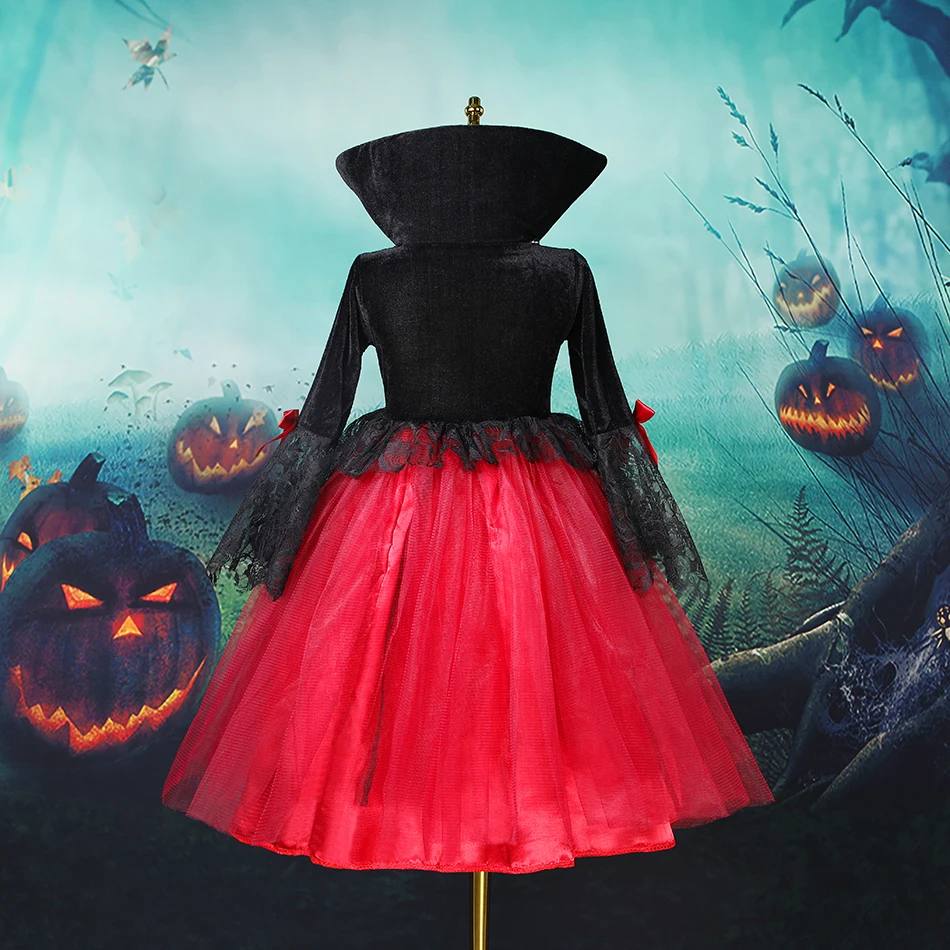 2025 Girls Cosplay Vampire Halloween Dress For Kids Ghost Bride Gothic Costume Count Vampiran Carnival Outfit Black Red Clothes image 4