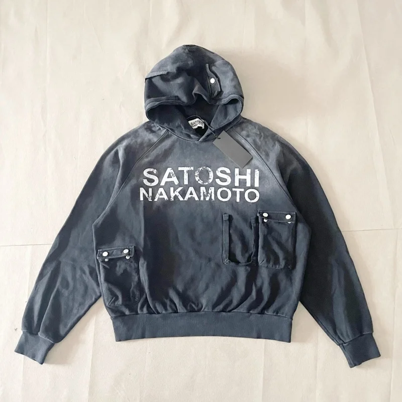 Vintage Washed Black Hoodie Satoshi Nakamoto Men Multi Cargo Pockets Loose Hooded Pullover