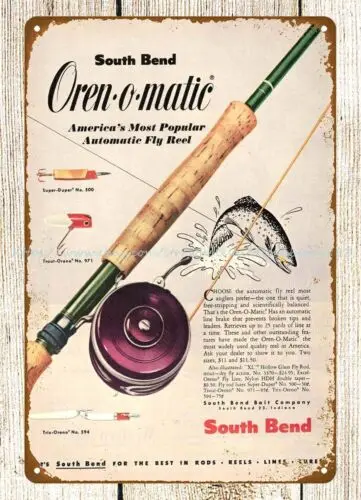 outdoor 1954 South Bend O-Ren-Omatic Automatic Fly Reel Fishing metal tin sign