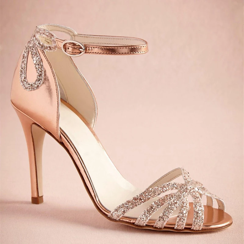 

Sexy Champagne Leather Bling Sequins Flower Back Cover Heel Sandals Ankle Strap High Heels Sandalias Zapatos Shoes Woman