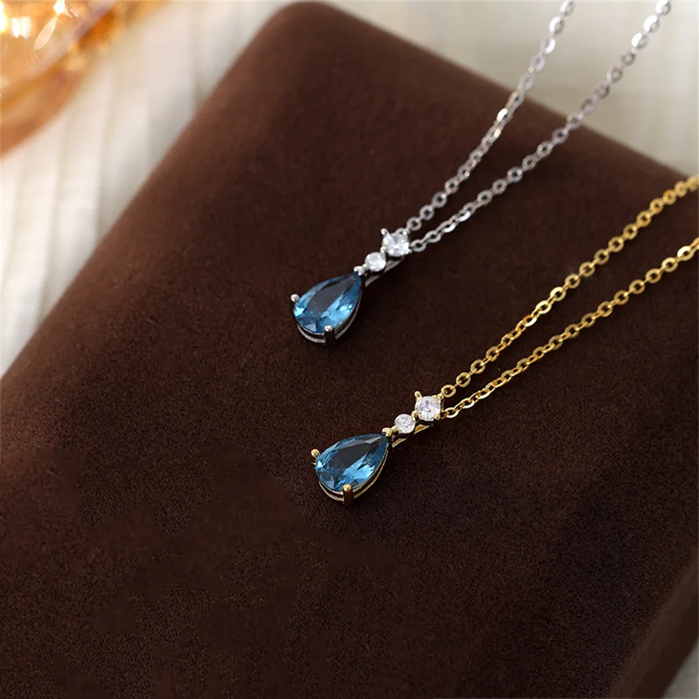 

Корейское женское ожерелье из стерлингового серебра S925, подвеска с сапфиром из циркона и капли воды, высококачественная легкая роскошная цепочка на ключицу в стиле ретро