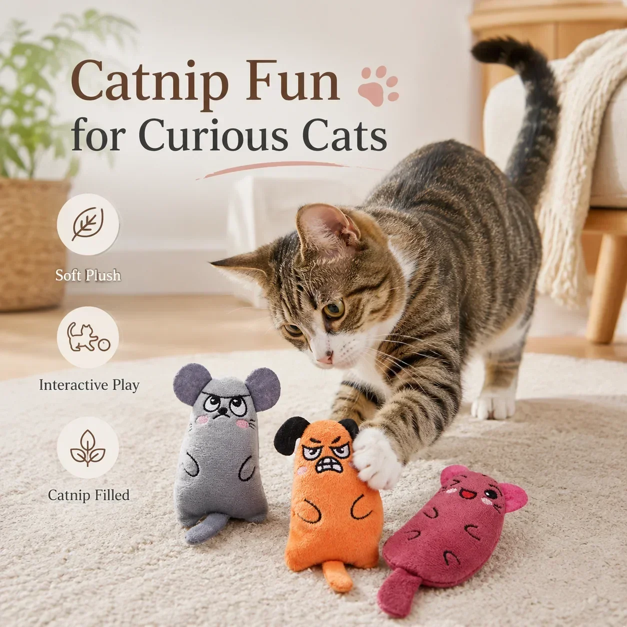 Funny Expression Catnip Toy, Plush Cat Toy with Crinkle Paper for Kicking and Biting, Stress Relief