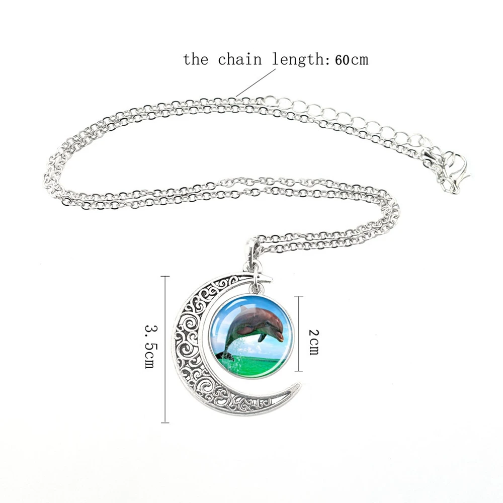 Blue Sea Turtle Necklaces Glass Dome Crescent Moon Pendant Necklace for Women Dolphin Shark Starfish Jewelry Marine Life Gifts