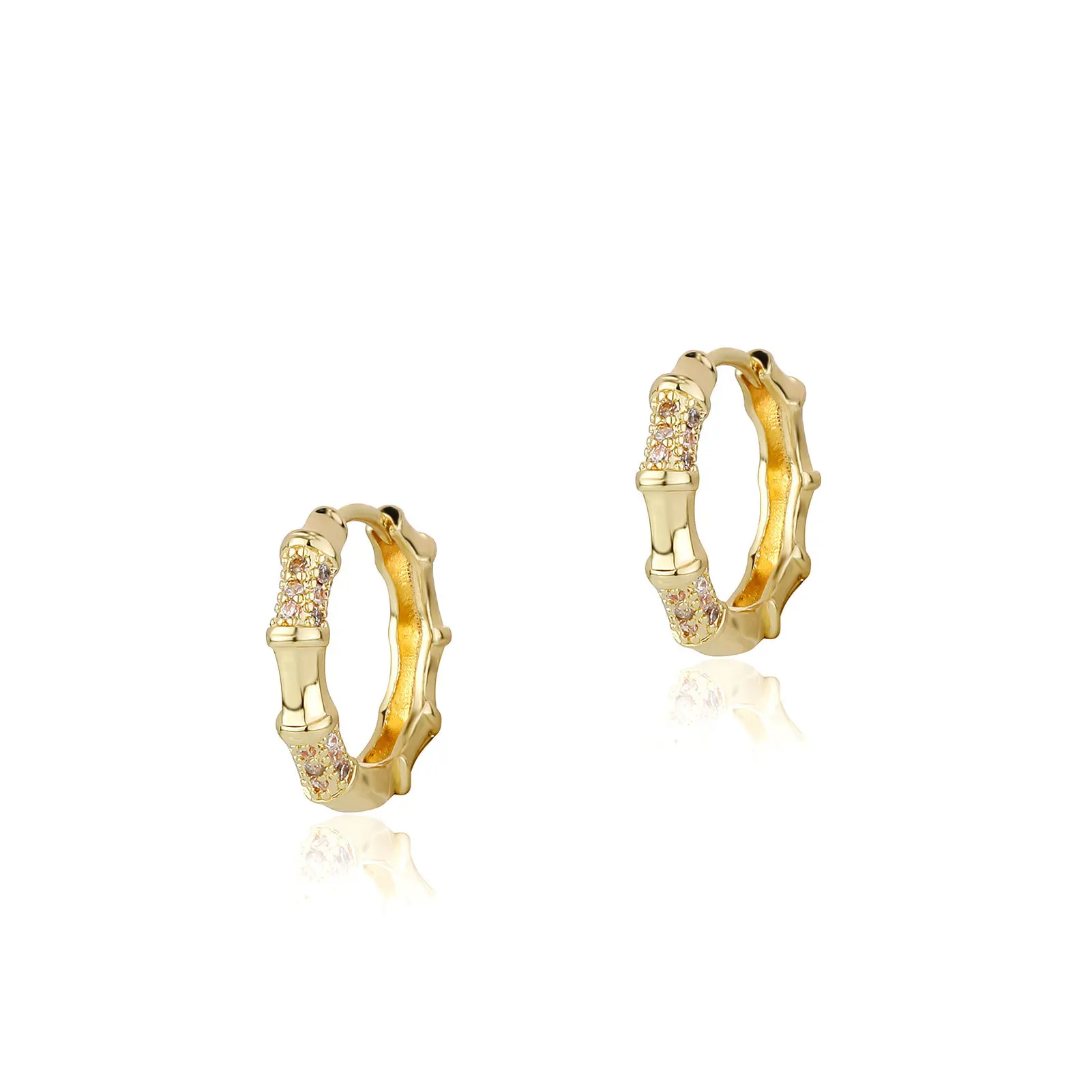 Unisex Minimalist Huggie Hoops Bamboo Joint Gear Inlaid CZ Snap Closure Ear Buckle Cold‑Wind Street Ear Ornaments Bulk Order