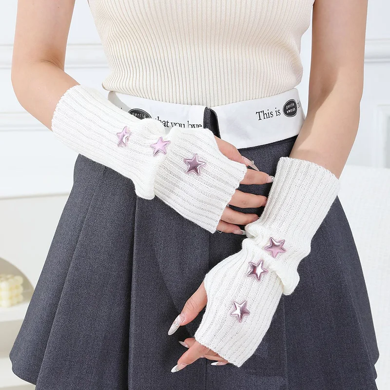 

Black White Women Knitted Warm Half Gloves Autumn Winter Fingerless Gloves Arm Sleeves Girls Fashion Casual Accessories Mittens