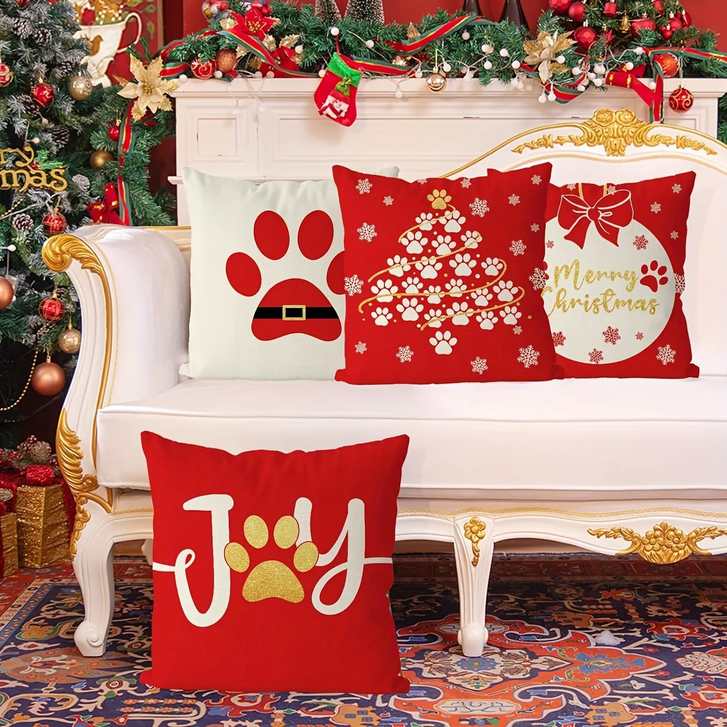 Christmas Pillow Covers - Polyester | Dog Paw Print & Letter Pattern | (No Pillow Inserts)