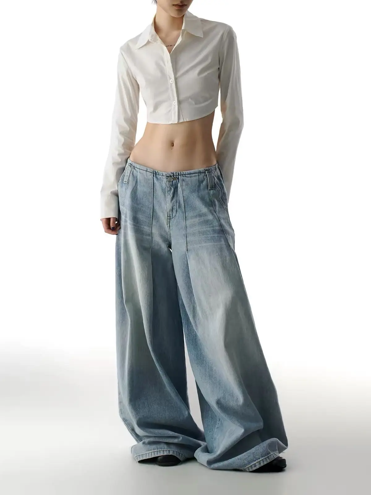 Light Blue No Waistband Wide Leg Jeans Women Summer New Loose Washed Retro Streetwear Trousers