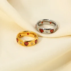 Trendy Red Color Cubic Zirconia Heart Ring Pentagonal Star Geometric Rhomboid Ring For Women Waterpoof Jewelry Gift