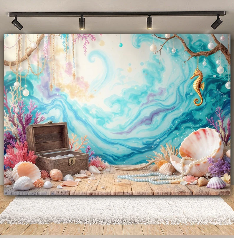 Underwater World Mermaid Backdrop Mermaid Tail Ocean Treasure Pearl Purple Curtain Girls Birthday Party Photography Background