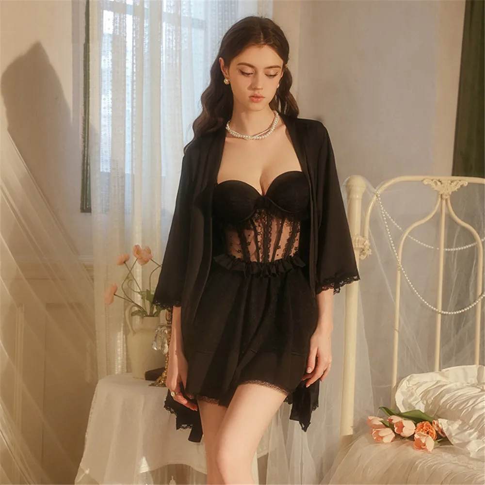 

Женский комплект для сна: сексуальный кружевной халат с вставками, ночная сорочка, летний халат-кимоно, элегантная домашняя одежда из вискозы