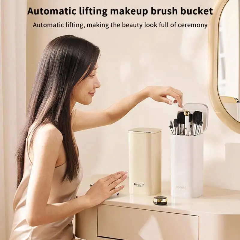 Automatic Lifting Makeup Brush Holder Large Capacity Dustproof Cosmetic Storage Box for Makeup Artists Home Use