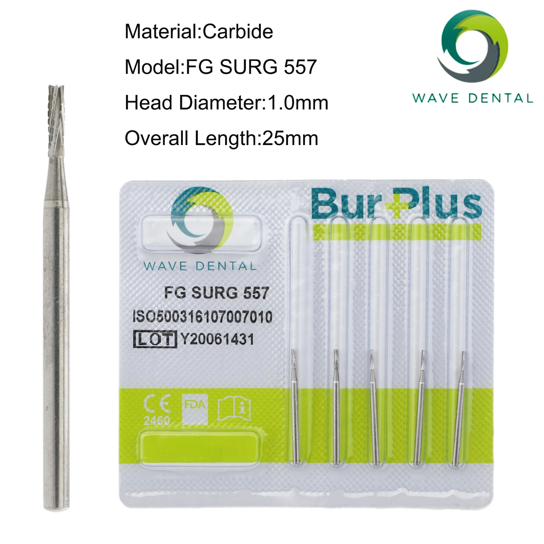 PRIMA WAVE Dental Burs Oral Surgical Tungsten Carbide Straight Fissure Cross Cut for High Speed Handpiece Dia.1.6mm FG SURG 557