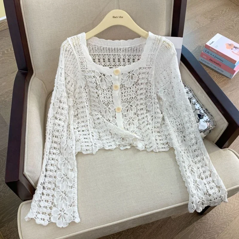 REALEFT Summer Lace Crochet Women\'s White Cardigan 2024 New Hollow Out Beach Bohemian Long Sleeve Short Tops Shirt Female