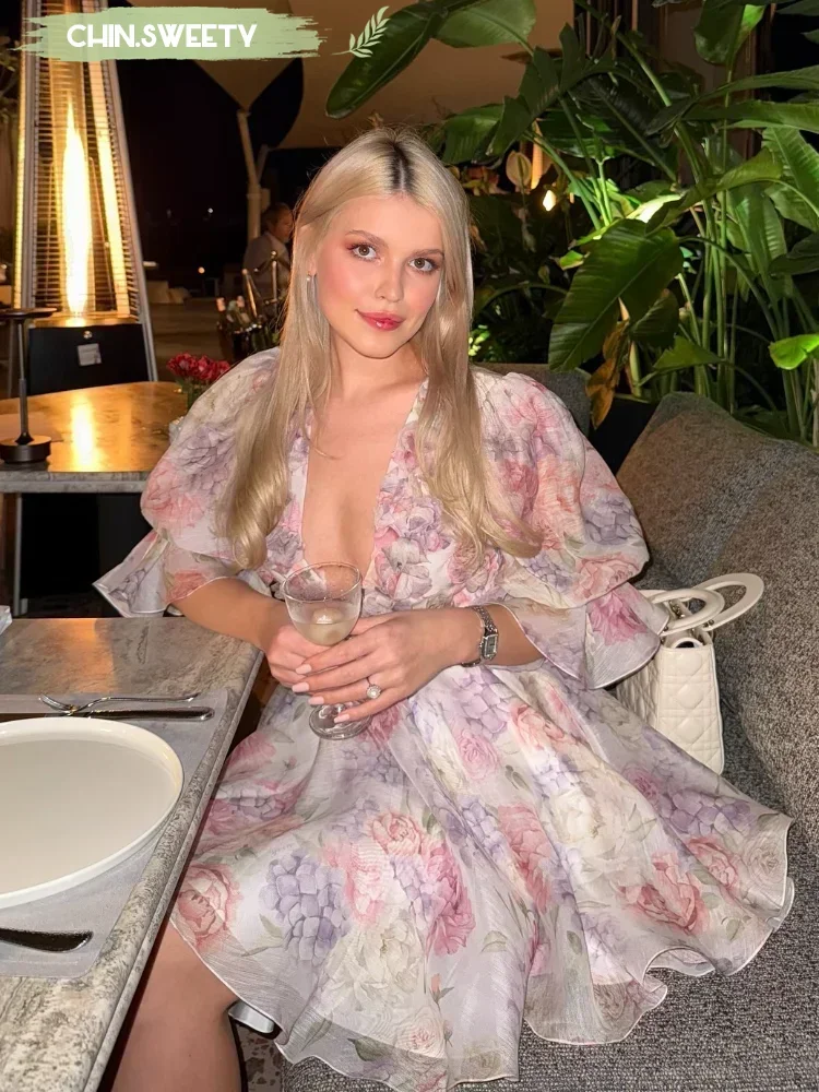 Doce rosa chiffon feminino vestido curto moda flor 3d grande puff manga com decote em v cintura alta uma linha em camadas vestidos nova senhora roupões