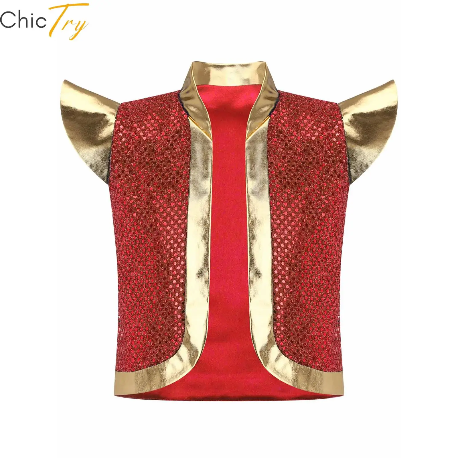 

Boys Prince Costume Fairy Tale Cosplay Vest Waistcoat Metallic Sequined Arabian Style With Stand Collar Open Front Halloween