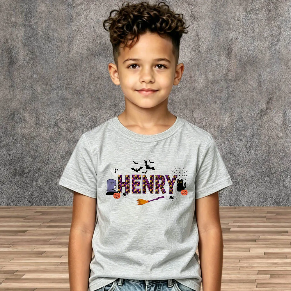 Halloween T-Shirt Kids Custom Name Personalized Trick or Treat Toddler Tee Cotton Short Sleeve Boys Girls Children Party Shirt