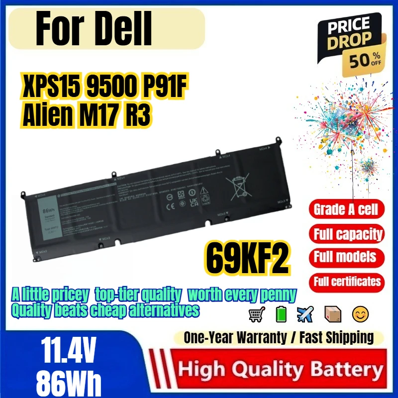 69KF2 for Dell XPS15 9500 P91F Alien M17 R3 Laptop Battery 0Cycle High Quality Capacity Battery Replacement Bateria Grade A Cell