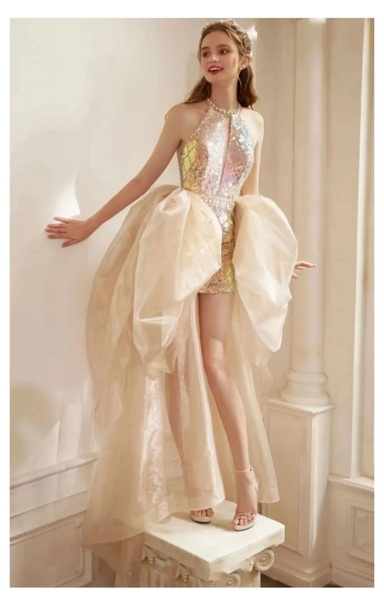 sequined beading champagne mermaid short dress with detachable veil /cosplay/stage performence/studio/can customs size