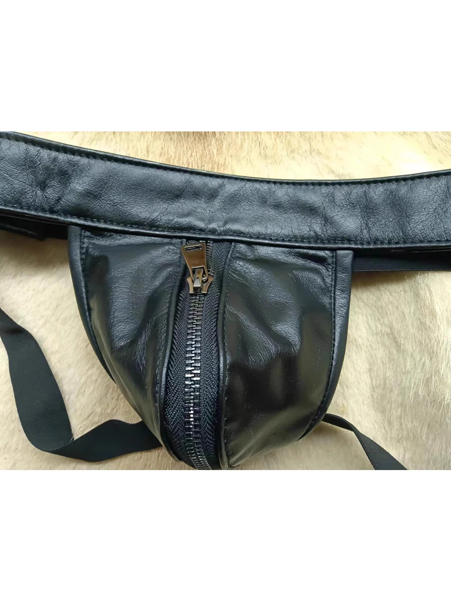 

Spring Summer Soft Black Pu Leather Briefs for Men Zipper Luxury Designer T-back G-string Mens Underwear Sexy Thong