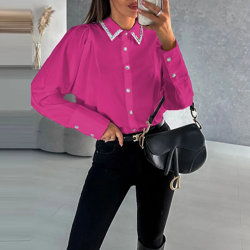 Spring Autumn Fashion Diamond Inlay Shirts For Women Solid Color Long Sleeves Loose Turn-down Collar Buttons Cardigans Blouses