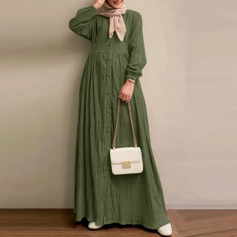 

Spring Autumn New Round Neck Dress Women's Bubble Sleeve Temperament High Waist Dress Retro Long Sleeve Solid Color Long Dress